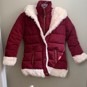 Catherine Malandrino Kids Red Puffer Winter Coat Jacket Faux Fur Trim size 7/8